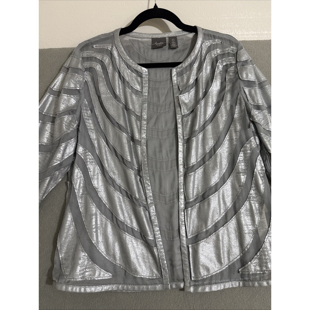 Vtg Jacket Y2K Silver Grey Open Cardigan Patchwork Faux Suede Mesh Chicos M*